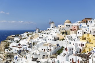 White and colourfully painted holiday homes on a steep slope, windmills, view of Oia, Thira,