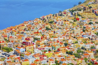 Chorio (upper town), high angle view, Chorio, Symi Island, Dodecanese Islands, Greece