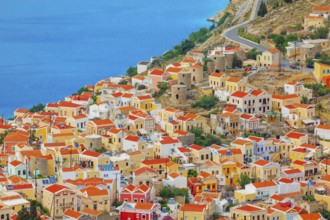 Chorio (upper town), high angle view, Chorio, Symi Island, Dodecanese Islands, Greece