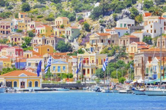 View of Gialos Harbour, Gialos, Symi Island, Dodecanese Islands, Greece