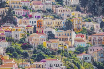 Colourful houses, Chorio, Symi Island, Dodecanese Islands, Greece