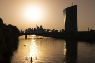The sun is high above the European Central Bank (ECB) and the Frankfurt banking skyline, Frankfurt