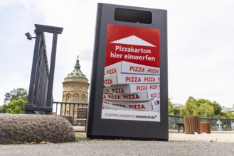 Waste bin specially designed for recycling pizza packaging. Mannheim, Baden-Württemberg, Germany