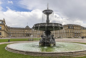 New Palace with Palace Square and fountain. City view of Stuttgart, Baden-Württemberg, Germany