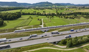 A8 motorway near Kirchheim unter Teck. The route of the new high-speed railway line from Stuttgart