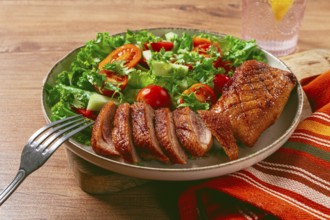 Delicious grilled duck breast served with fresh garden salad and cherry tomatoes at a rustic dining