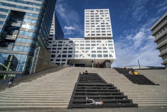 Skyline at Jaarbeursplein at Utrecht Centraal railway station, Stadskantoor building, municipal