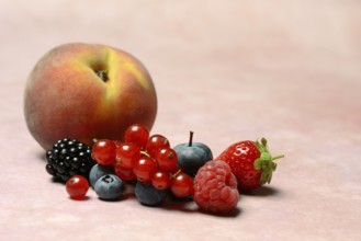 Various fruits, redcurrant, peach, strawberry, blueberry, blackberry, raspberry
