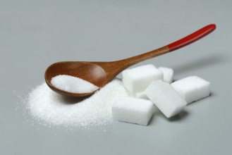 Sugar with wooden spoon and sugar cube
