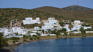 Whitewashed houses on a hill with sea view and blue sky, Analipsi, Maltezana, Astypalea, Astipalea,