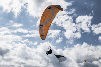 Paragliding tandem flight with Canton Fribourg flag, Interlaken, Switzerland