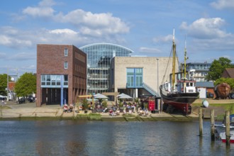 Outdoor catering in front of the town hall, harbour, Husum, North Frisia, North Sea,