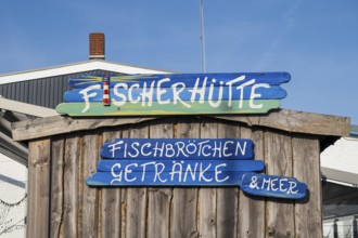 Sign Fischerhütte, restaurant, outer harbour, Husum, North Frisia, North Sea, Schleswig-Holstein,