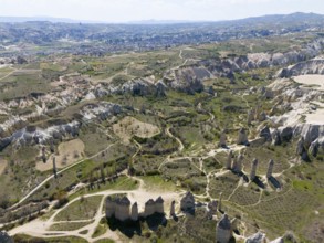 Panoramic view of breathtaking landscapes and formations in Cappadocia, aerial view, Love Valley,