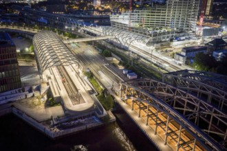 Blue hour aerial view of the Hamburg Elbbrücken U4 underground and suburban railway station and the