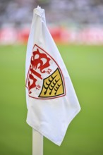 Corner flag, VfB Stuttgart MHPArena logo, MHP Arena Stuttgart, Baden-Württemberg, Germany