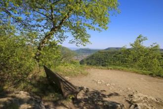 Ruin Alter Lichtenstein near Lichtenstein Castle, wooden bench, viewpoint, view into the Echatztal