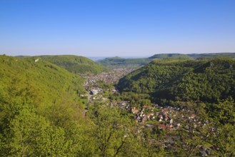 View from Lichtenstein Castle, view of the Echatztal valley, Honau, Unterhausen at the back,