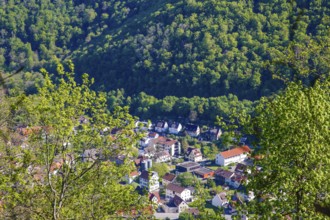 View from Lichtenstein Castle, view of the Echatztal, Honau, eaves of the Swabian Alb, Honau,