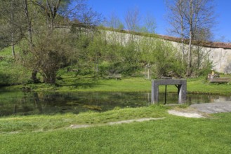 Lauter spring, Große Lauter, karst spring pot, park, idyll, meadow, lawn trees, Offenhausen,