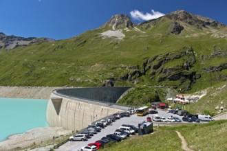 Car park for excursion traffic at the Moiry reservoir, Lac de Moiry, Val d'Anniviers, Valais,