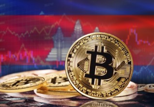 Bitcoin with Cambodia flag in the background. Investors in cryptocurrency and Blockchain Technology