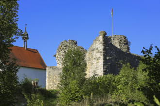 Veringen Castle, left St Peter's Chapel, ruin, remains of wall, flag, flagpole, Veringenstadt,