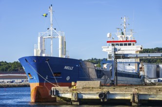 Industrial harbour structures and cargo ship NELLI in the port of Uddevalla, Bohuslän, Västra