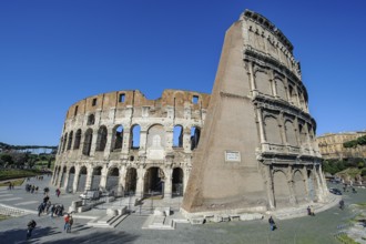 View from east southeast to ancient Colosseum from ancient Rome right partially preserved up to the