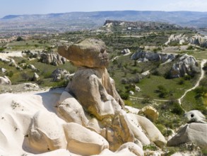Large rock formation in a green and hilly landscape, aerial view, fairy chimneys near Ürgüp, Göreme