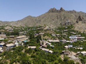 Village surrounded by lush vegetation and high mountains in a sunny landscape, aerial view, Meghri,