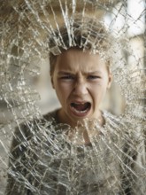 Ein Junge schreit wütend durch eine kaputte Fensterscheibe, Aggressives Verhalten, Psychologie,