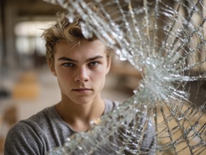 Ein Teenager schaut wütend durch eine kaputte Fensterscheibe, Aggressives Verhalten, Psychologie,