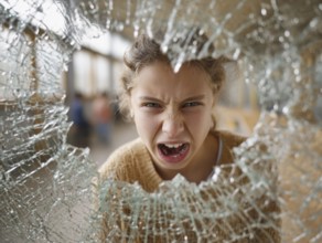 Ein Mädchen schreit wütend durch eine kaputte Fensterscheibe, Aggressives Verhalten, Psychologie,