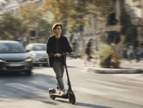 Ein Teenager nimmt mit einem E-Scooter am öffentlichen Straßenverkehr in einer Stadt teil,