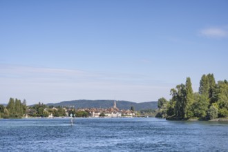 View over the Rhine, Hochrhein, on the horizon the town of Stein am Rhein, Canton Schaffhausen,