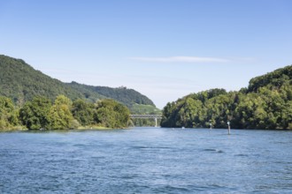 View over the Rhine, Hochrhein to the historic truss bridge, railway bridge of the Nationalbahn