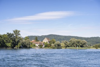 View over the Rhine, Hochrhein to the historic Bibermühle mill near Rheinklingen, Canton Thurgau,