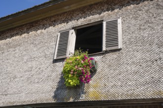 Façade covered with wooden shingles with floral decorations under the window, close-up of the