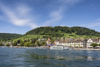View across the Rhine to the old town of Stein am Rhein with Hohenklingen Castle, Canton