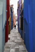 Strollers in winter, anonymous old man in a narrow alley, colourful facades, Burano, Venice,
