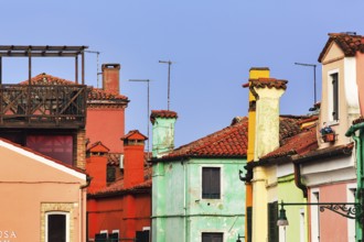 Typical Venetian chimneys, colourful façade details, Burano, Venice, Veneto, Italy