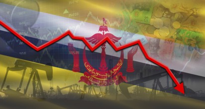 Fall oil price with flag of Brunei on economic chart, Petrol crisis with Brunei flag on financial