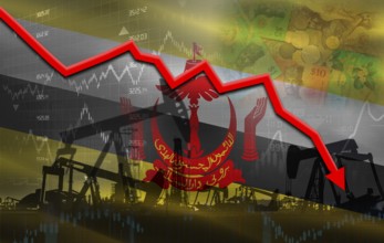 Petrol crisis with Brunei flag on financial graph. Fall oil price with flag of Brunei on economic