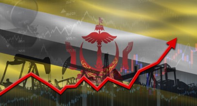 Oil pumps with Brunei flag. Oil production with Brunei flag, petrol industry