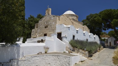 Whitewashed, stone church with dome and trees under a clear blue sky, basilica, church, Agios