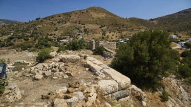Ancient ruins in a hilly landscape with vegetation and clear skies, Panagia tou Paleokastro, Church