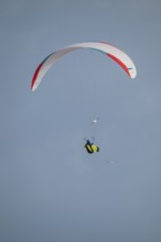 A paraglider or paraglider in front of a blue sky, near Hvide Sande, North Sea, Denmark