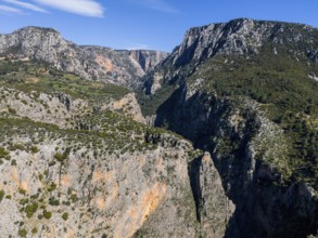 Deep gorge with imposing rocks and green vegetation under a clear blue sky, aerial view, Saklikent