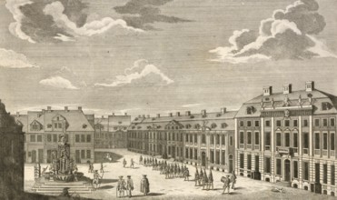 The horse market in Stettin, Germany, around 1880, digitally restored reproduction of a 19th